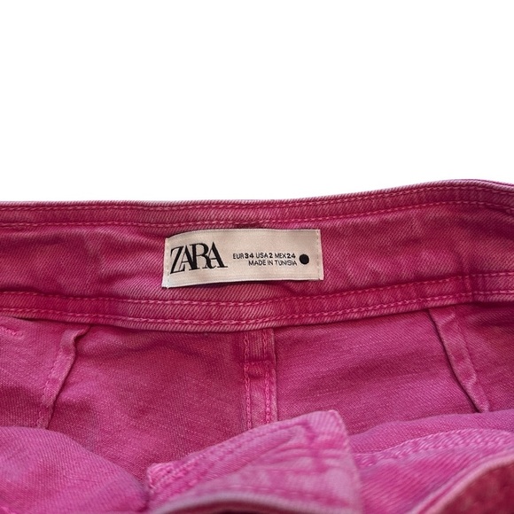 Zara Marine Straight Wide Leg Hot Pink Raw Hem Denim Jeans High Waist Size 2 - Picture 6 of 12